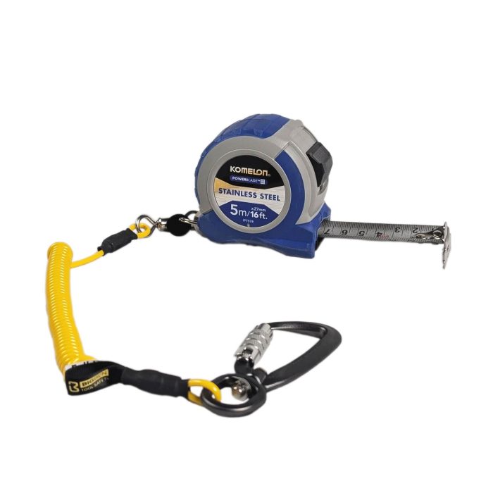 Komelon Stainless Steel Tape Measure 5m/16ft (Blade Width 27mm) c/w BIGBEN 2m Yellow Tool Safety Rope with Swivel Locking Carabina - Image 1