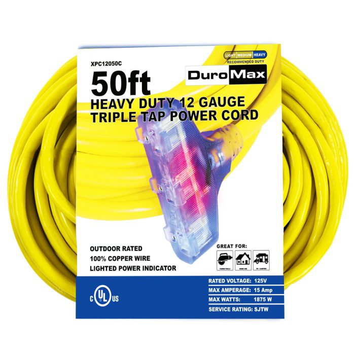 DuroMax XPC12050C 50-Foot 12 Gauge Triple Tap Extension Power Cord - Image 1