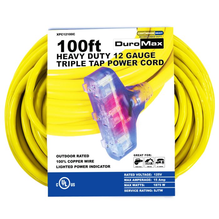 DuroMax XPC12100C 100-Foot 12 Gauge Triple Tap Extension Power Cord - Image 1
