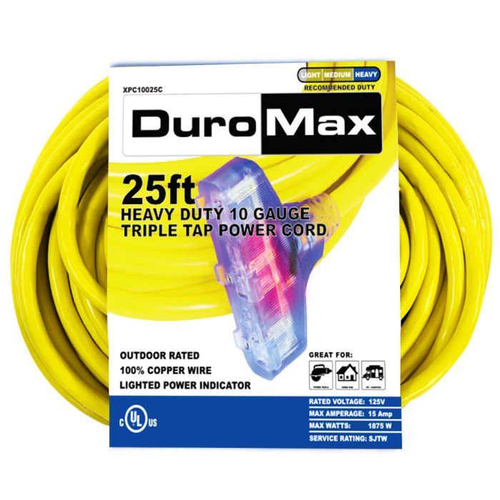 DuroMax XPC10025C 25-Foot 10 Gauge Triple Tap Extension Power Cord - Image 1