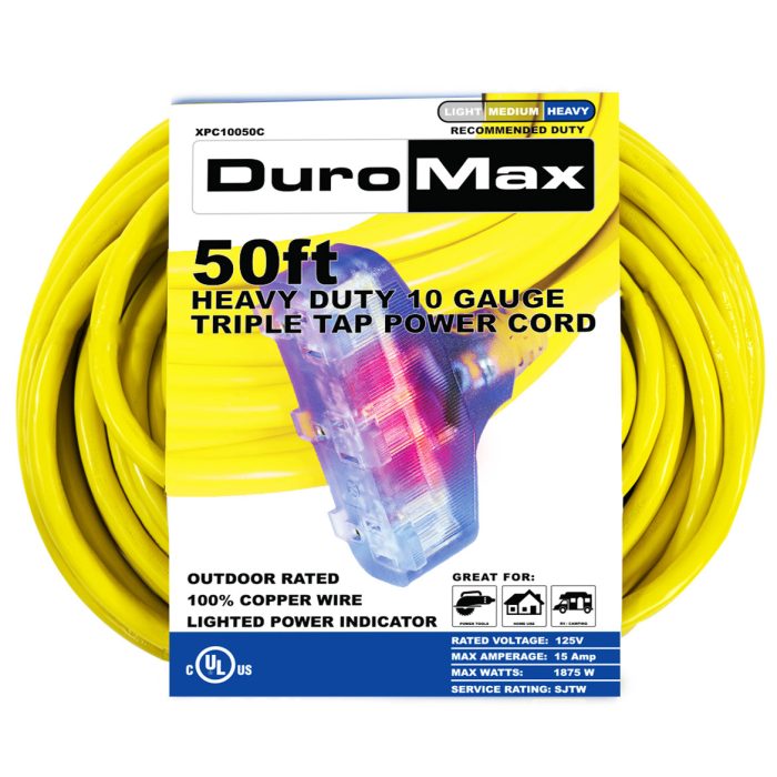 DuroMax XPC10050C 50-Foot 10 Gauge Triple Tap Extension Power Cord - Image 1