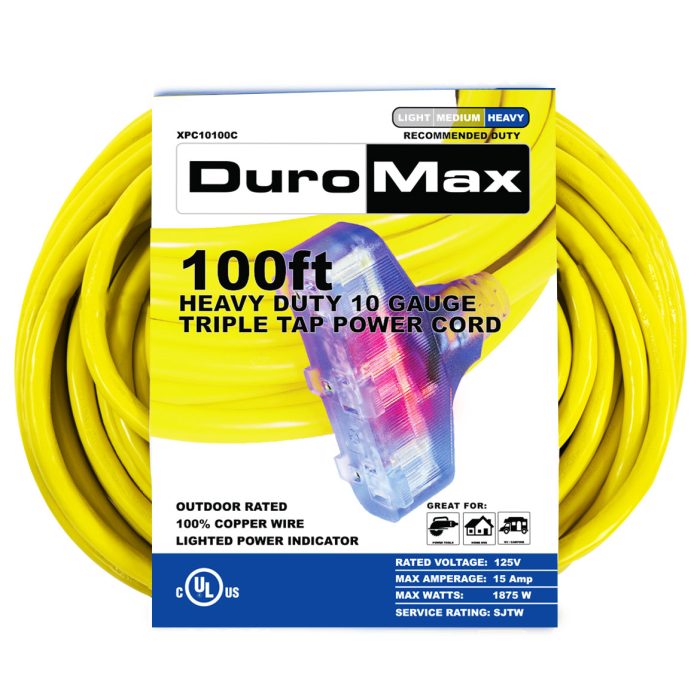 DuroMax XPC10100C 100-Foot 10 Gauge Triple Tap Extension Power Cord - Image 1