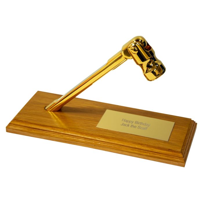 'The Ultimate' Leach's 24 Carat Gold Plated Spanner Presentation Stand & Engraved Brass Plaque - Polished Hardwood - Image 1