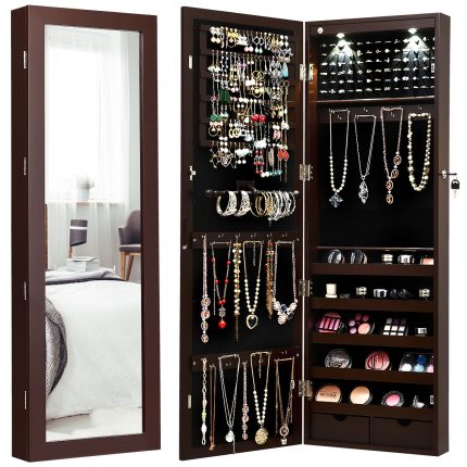 Wall/Door Mounted Jewelry Armoire Organizer with 2 LED Lights - Brown