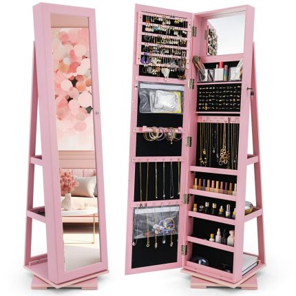 CHARMAID | 360-degree Rotating Jewelry Armoire with Higher Full Length Mirror - Pink