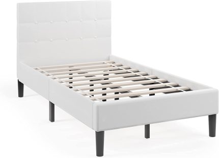 Platform Bed with Button Tufted Headboard | Upholstered Bed Frame - Twin Beige