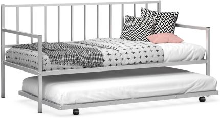 Giantex Twin Size Daybed and Trundle Frame Set - Silver