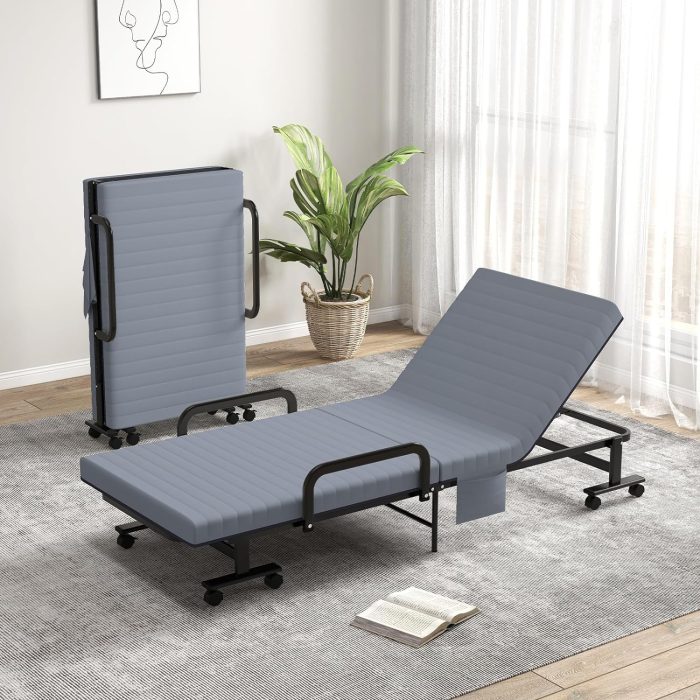 Folding Guest Bed Frame with Mattress - Grey - Image 1