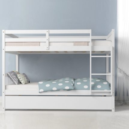 Giantex Full Over Full Bunk Bed with Trundle Guardrails and Ladder - White