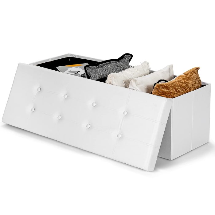 Giantex 45" Folding Storage Ottoman Bench, Faux Leather - White - Image 1