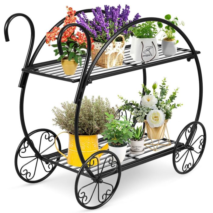 Garden Cart Metal Plant Stand with 4 Decorative Wheels - Image 1