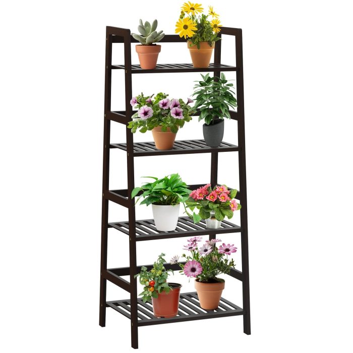4-Tier Ladder Shelf Plant Stand | Bamboo Flower Pots Holder - Brown - Image 1