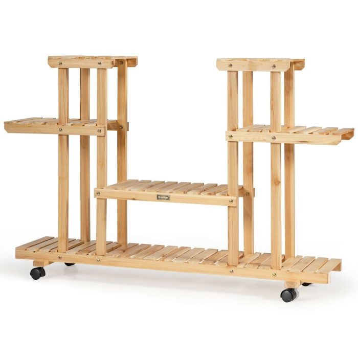 Giantex Rolling Flower Rack Wood Plant Stand on Wheels - Natural - Image 1
