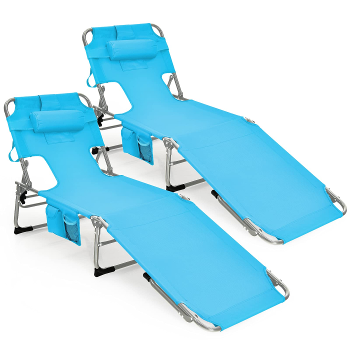 Giantex Tanning Chair Folding Beach Chair w/Face Arm Hole, Washable Pillow, Pocket - Turquoise 2 - Image 1