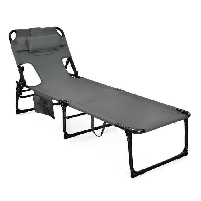 Giantex Tanning Chair Folding Beach Chair w/Face Arm Hole, Washable Pillow, Pocket - Gray 1 - Image 1