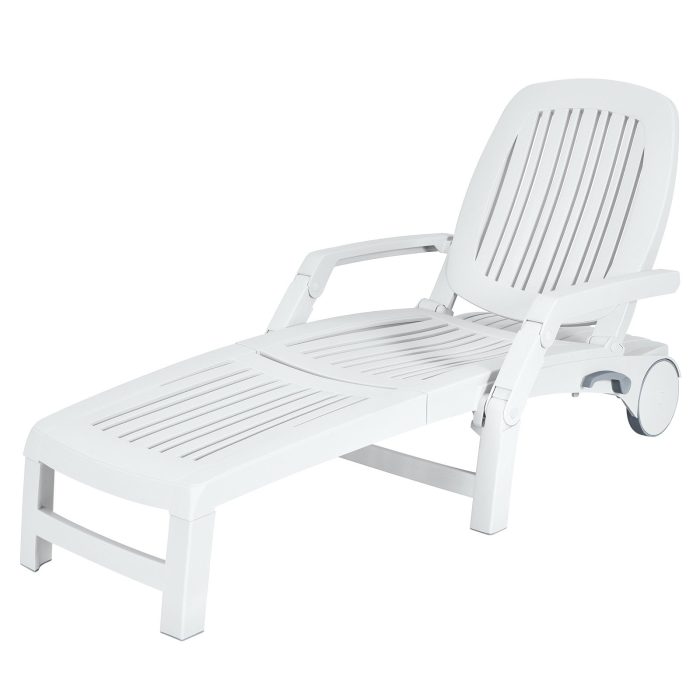 Chaise Lounge Outdoor,Foldable Sun Lounger with Wheels - White 1 - Image 1