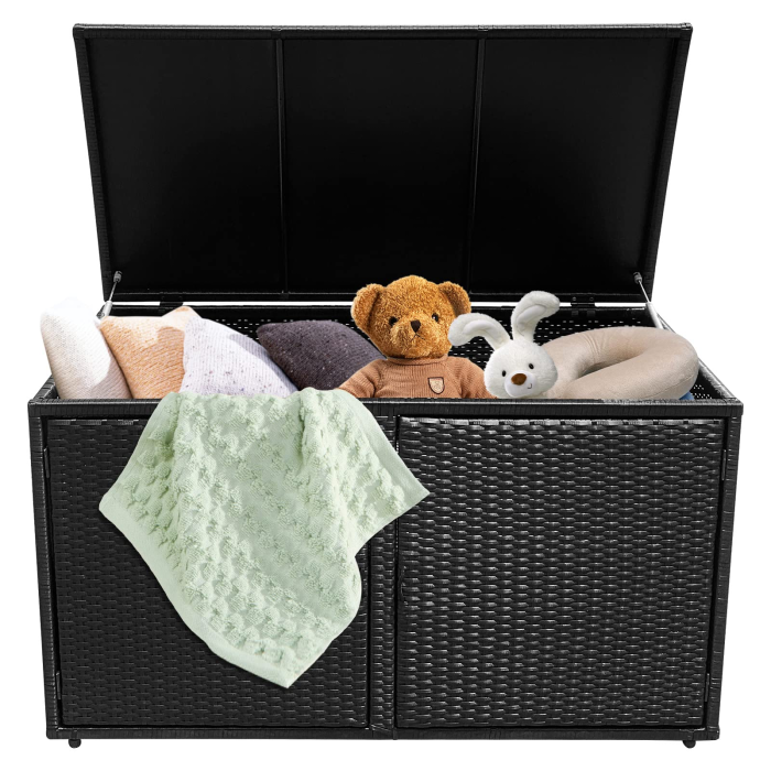 Rattan Deck Box Outdoor&Indoor 88 Gallon Wicker Storage Bench W/Separate Storage Shelf - Black - Image 1