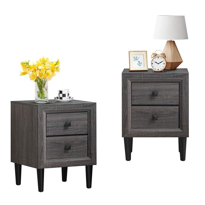 Nightstand Wooden W/Two Storage Drawers and Handles - Grey 2 - Image 1
