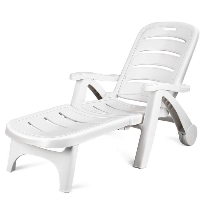 Giantex Patio Chaise Lounge Recliner on Wheels - White 1 - Image 1