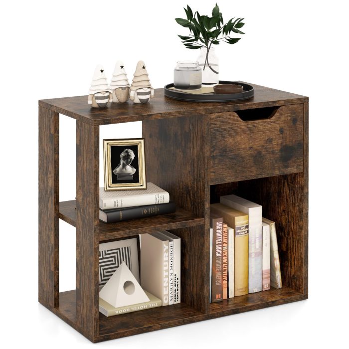 Giantex 3 Cube Bookcase with Drawer, 2 Tier Bookshelf for Small Space, Modern Freestandin - 1 Rustic Brown - Image 1