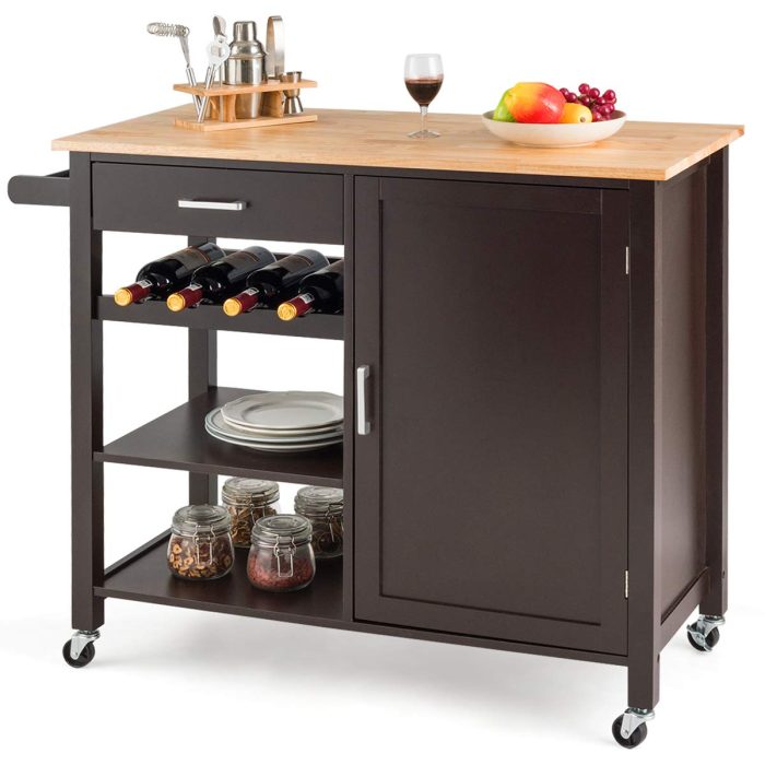 Giantex Kitchen Island Cart Rolling Serving Cart Wood Trolley, Brown - Image 1