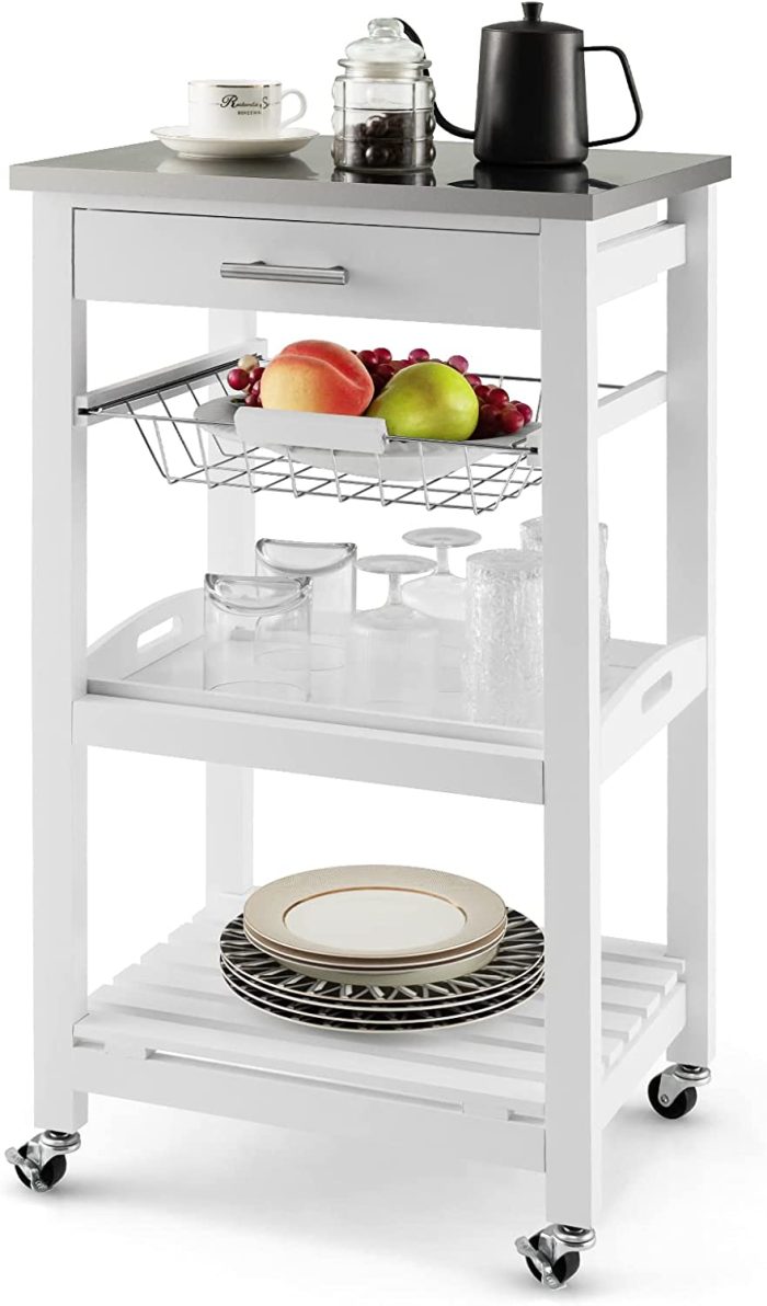 Giantex Kitchen Island Cart Rolling Kitchen Trolley with Stainless Steel Tabletop - 18.5"x15.5"x33.5" White - Image 1