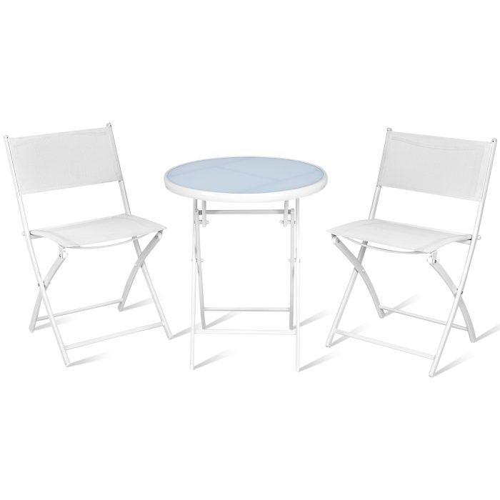 Giantex Bistro Table Set, 3 Piece Patio Bistro Set, Outdoor Folding Table and Chairs - White - Image 1