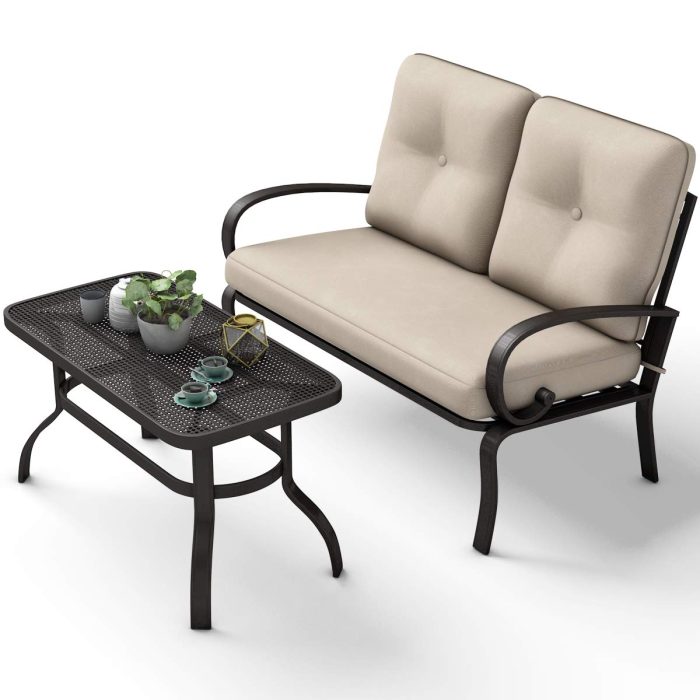 2 Pcs Patio Loveseat with Coffee Table Outdoor Bench with Cushion and Metal Frame - Beige - Image 1