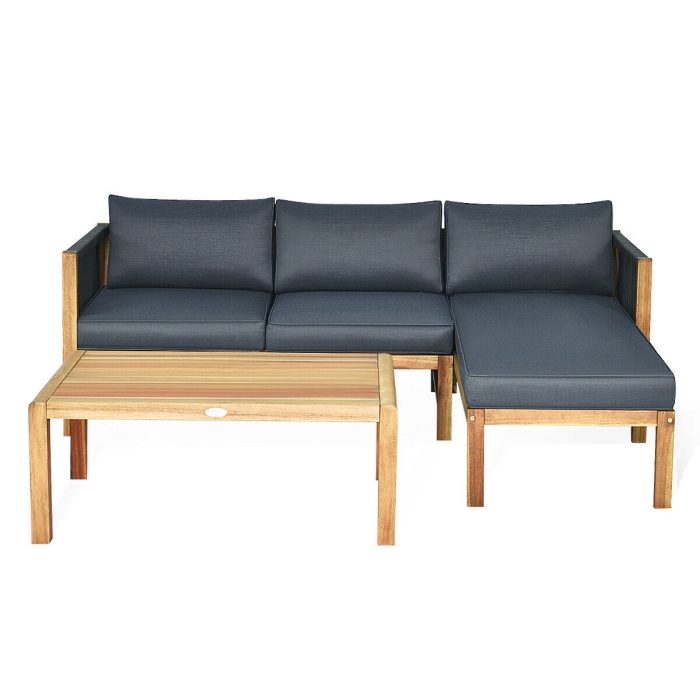 Giantex 3 Piece Outdoor Patio Furniture Set, Acacia Wood Sectional Sofa w/ Seat Cushions (Grey) - Image 1