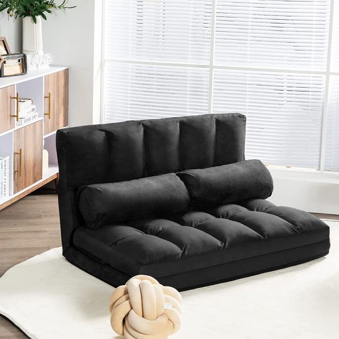 Adjustable Floor Sofa, Foldable Lazy Sofa Sleeper Bed 6-Position Adjustable,2 Pillows - Black - Image 1