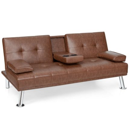 Giantex Modern Convertible Futon Sofa Bed,2 Cup Holders, Backrest Adjustable - Brown