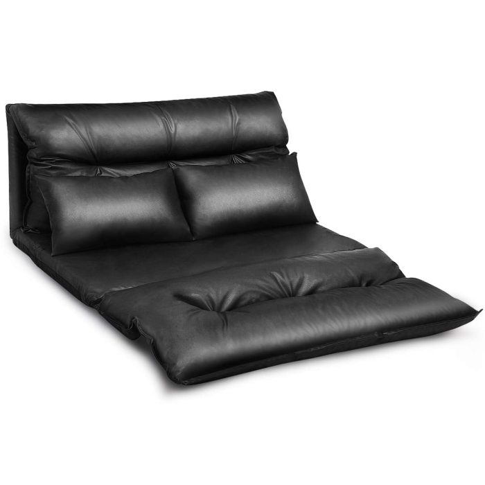 Giantex Floor Sofa PU Leather Leisure Bed Video Gaming Sofa with Two Pillows, Black - Image 1
