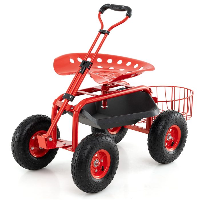 Giantex Rolling Gardening Stool Cart, 4-Wheel Garden Workseat with Storage Basket - Red - Image 1