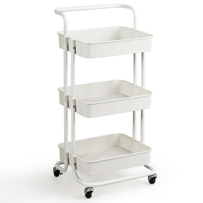 Giantex 3-Tier Utility Cart, ABS Mesh Baskets, Storage Trolley with Brakes for Home and Office 16.5"x14"x34" - White - Image 1