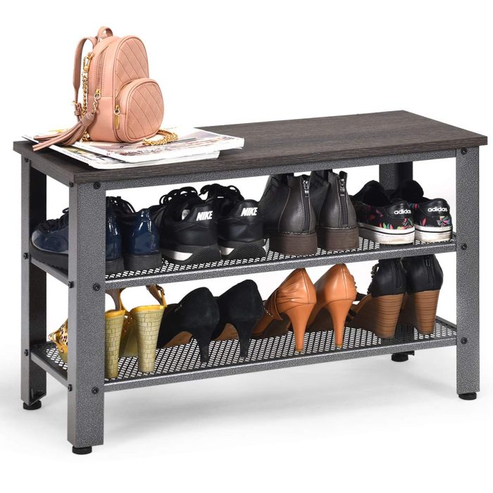 Giantex 3-Tier Shoe Bench, Industrial Shoe Rack with 2 Mesh Storage Shelves - Gray - Image 1