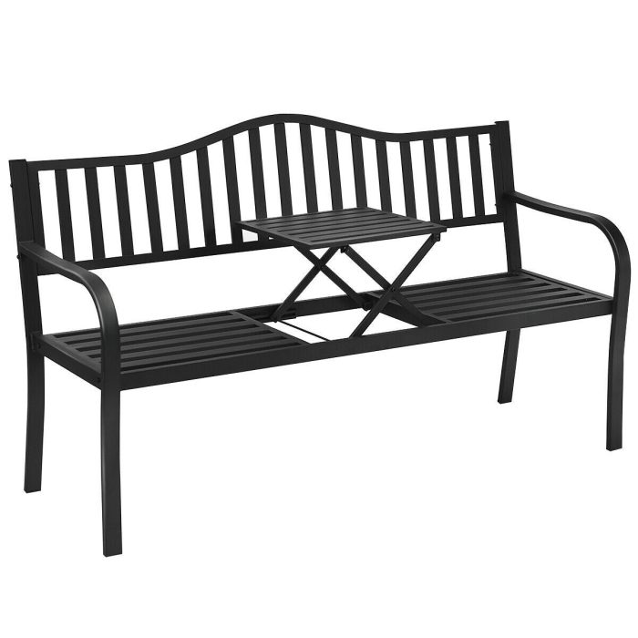 Giantex Patio Bench w/ Pullout Middle Table, Outdoor Benches2-3 Person, Metal Benches for Outside (Black) - Image 1