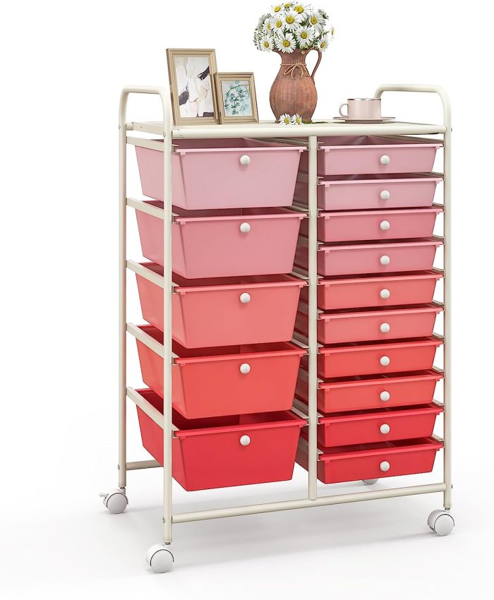 Giantex 15-Drawer Organizer Cart Office School Rolling Storage Cart - Pink & Red - Image 1