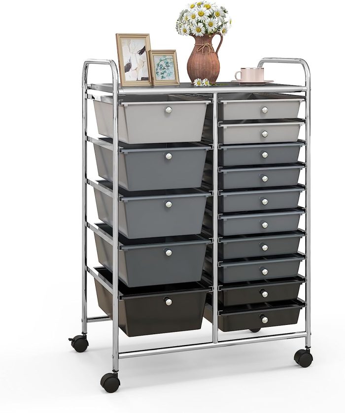 Giantex 15-Drawer Organizer Cart Office School Rolling Storage Cart - Gray & Black - Image 1