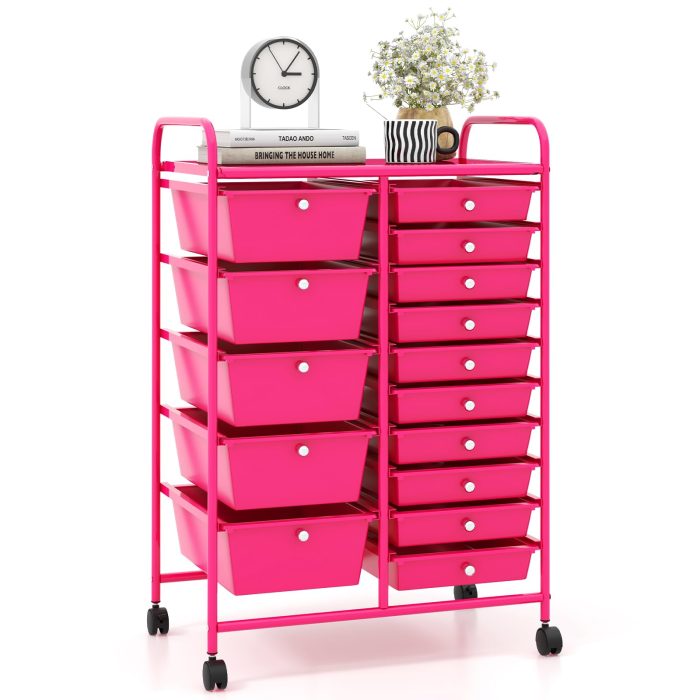 Giantex 15-Drawer Organizer Cart Office School Rolling Storage Cart - Hot Pink - Image 1