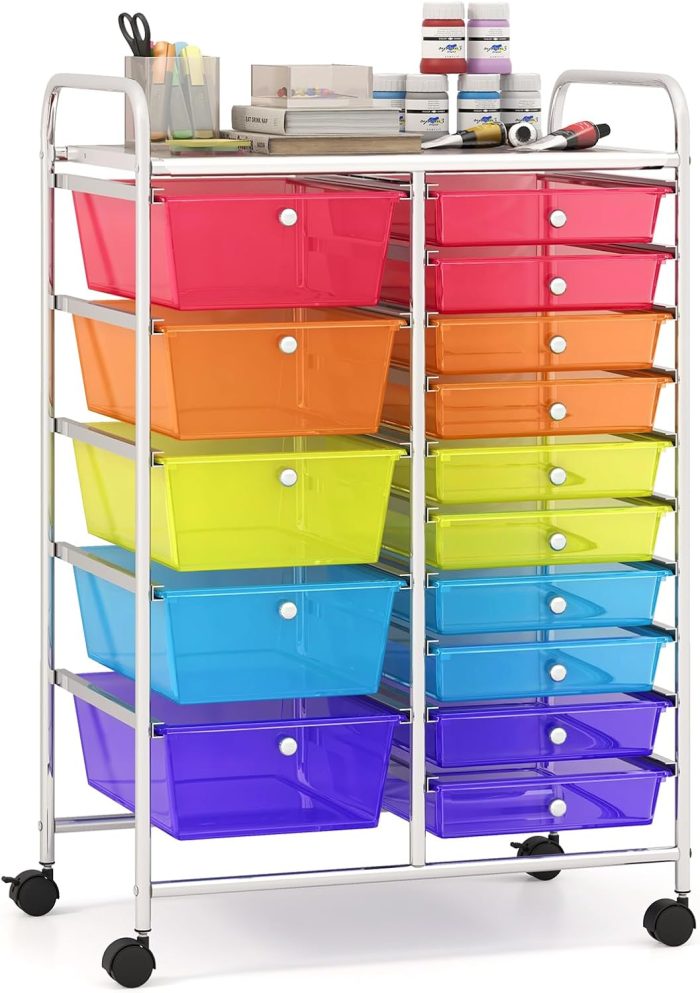 Giantex 15-Drawer Organizer Cart Office School Rolling Storage Cart - Clear Red+Orange+Green+Blue+Purple - Image 1