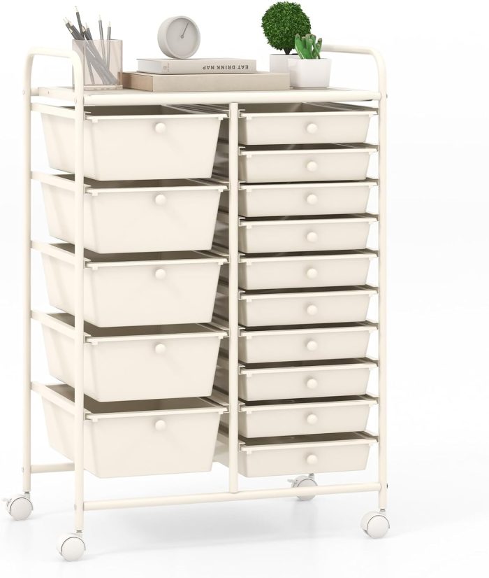 Giantex 15-Drawer Organizer Cart Office School Rolling Storage Cart - Ivory - Image 1