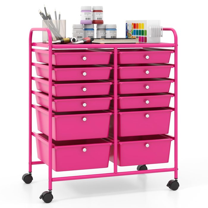 Giantex 12 Drawer Rolling Storage Cart Tools Scrapbook Paper Office School Organizer - Hot Pink - Image 1