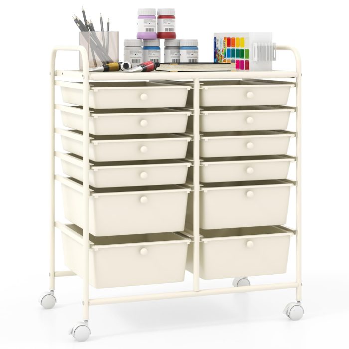 Giantex 12 Drawer Rolling Storage Cart Tools Scrapbook Paper Office School Organizer - Ivory - Image 1