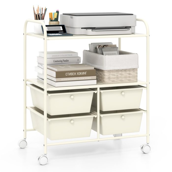 Rolling Storage Cart w/ 4 Drawers 2 Shelves Metal Rack Shelf - Ivory - Image 1