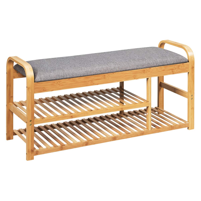 Giantex Shoe Rack Bench, Entryway 3-Tier Bamboo Shoe Organizer with Cushion (Natural and Grey) - Image 1
