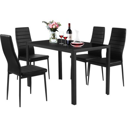 5 Piece Kitchen Dining Table Set with Glass Table Top Leather Padded 4 Chairs (Black)