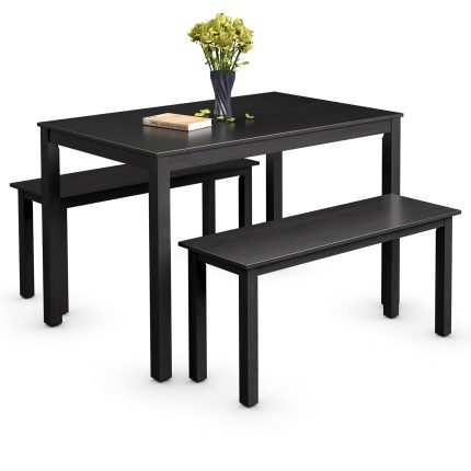 Wooden 3 Pcs Kitchen Dining Room Furniture for 4, Modern Studio Collection Table Set with 2 Benches, Dinette Set (Coffee Brown) - Black