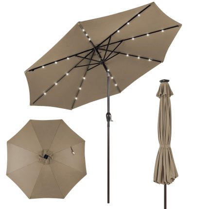 10ft Solar Patio Umbrella Outdoor with Lights Pool Indoor Outdoor Use - Tan