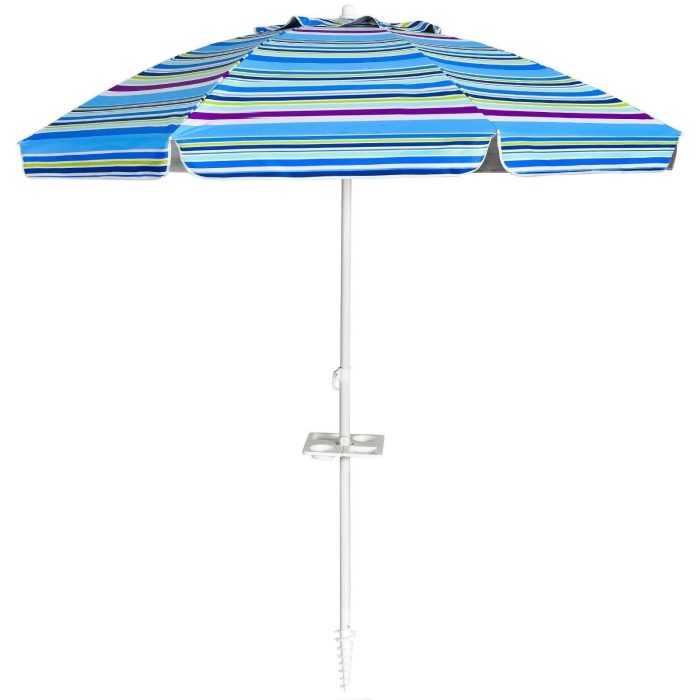 Giantex 7.2 Ft Beach Umbrella, Patio Sunshade Umbrella with Sand Anchor & Cupholder - Blue - Image 1