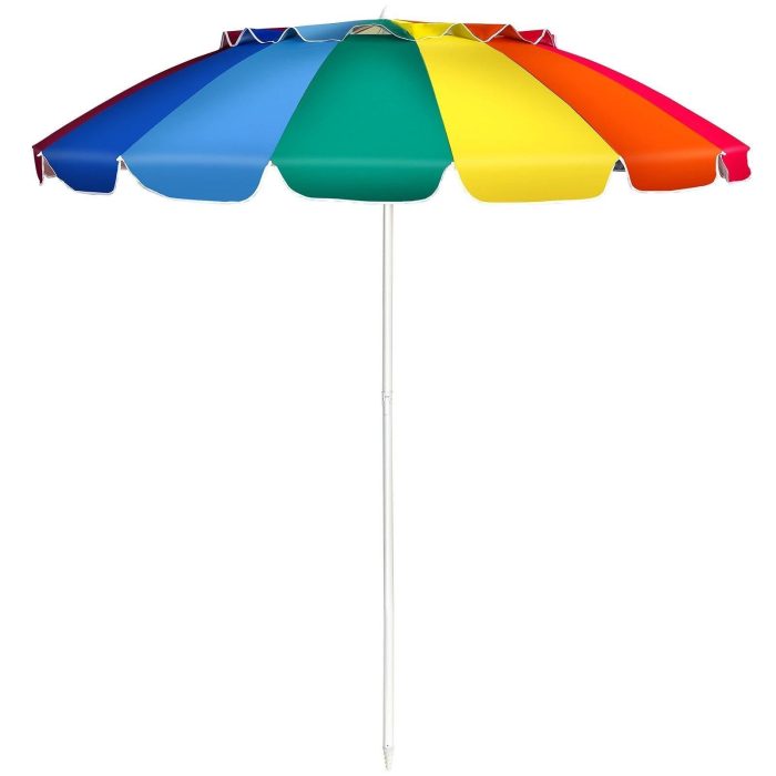 8 Ft Beach Umbrella, Patio Sunshade Umbrella with Sand Anchor & Tilt Mechanism, 16 Fiberglass Ribs - Rainbow - Image 1